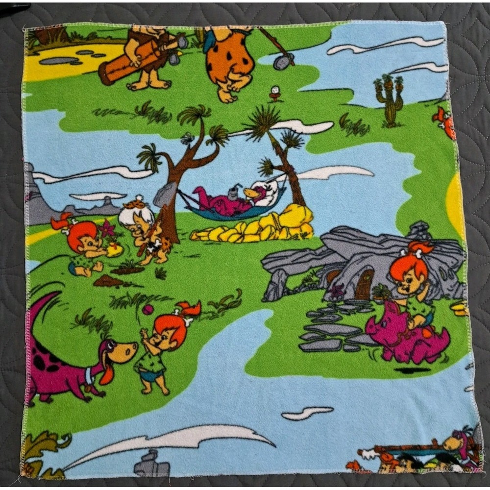 27x26‎ Vintage Fabric Cotton Scenic Bedrock Bowl Flintstones Family Dino Cartoon